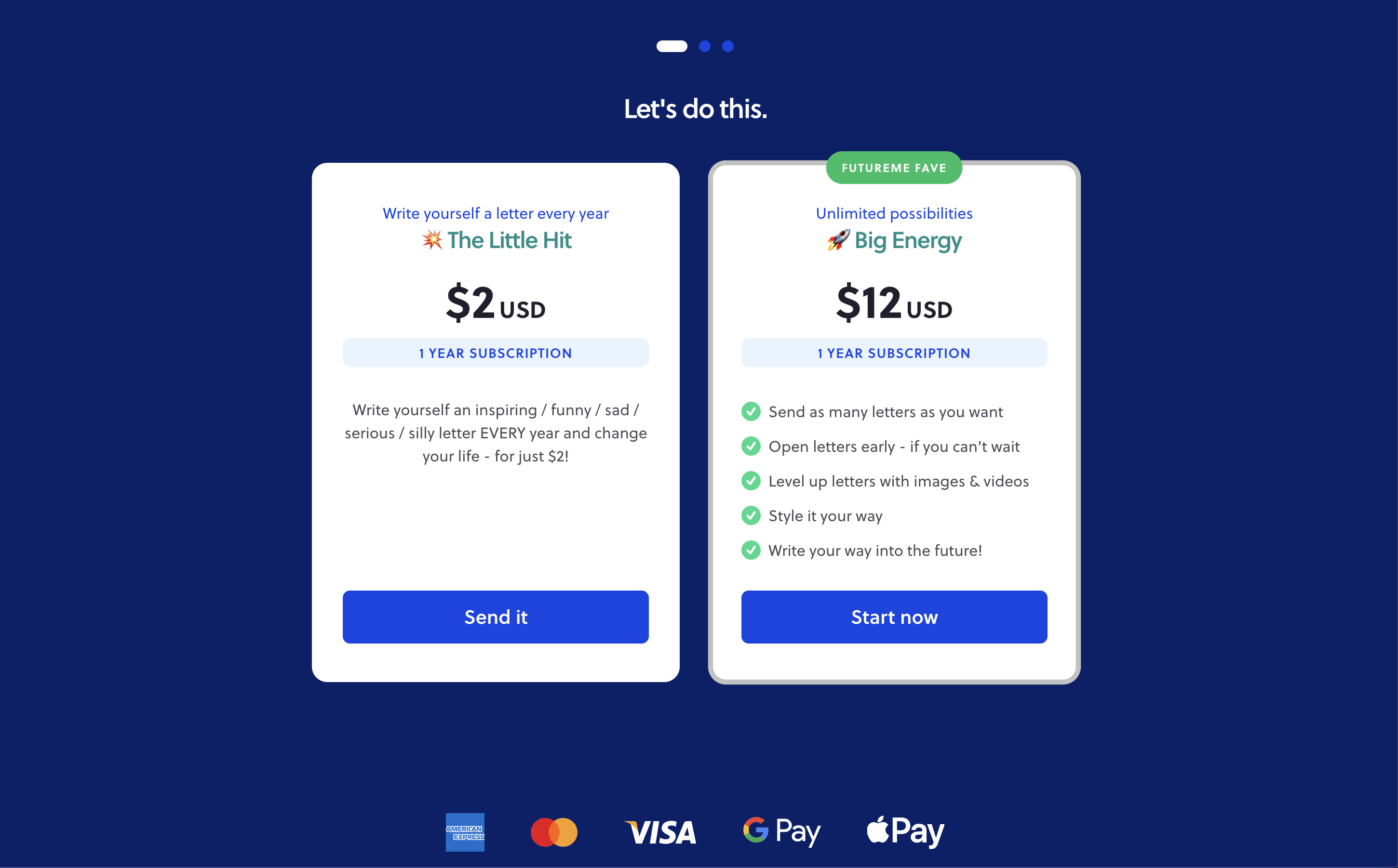 FutureMe pricing page showing paid plans: The Little Hit at $2 per year and Big Energy at $12 per year, with unlimited letters, opening letters early, and images and videos listed as paid features