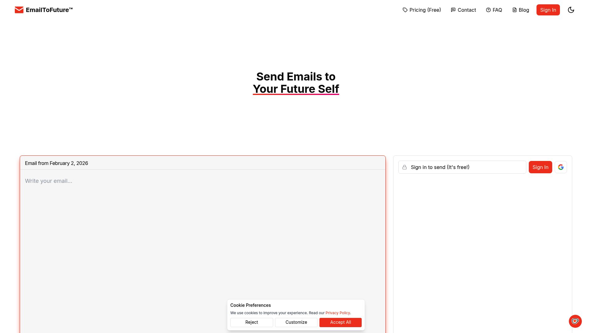 EmailToFuture homepage screenshot
