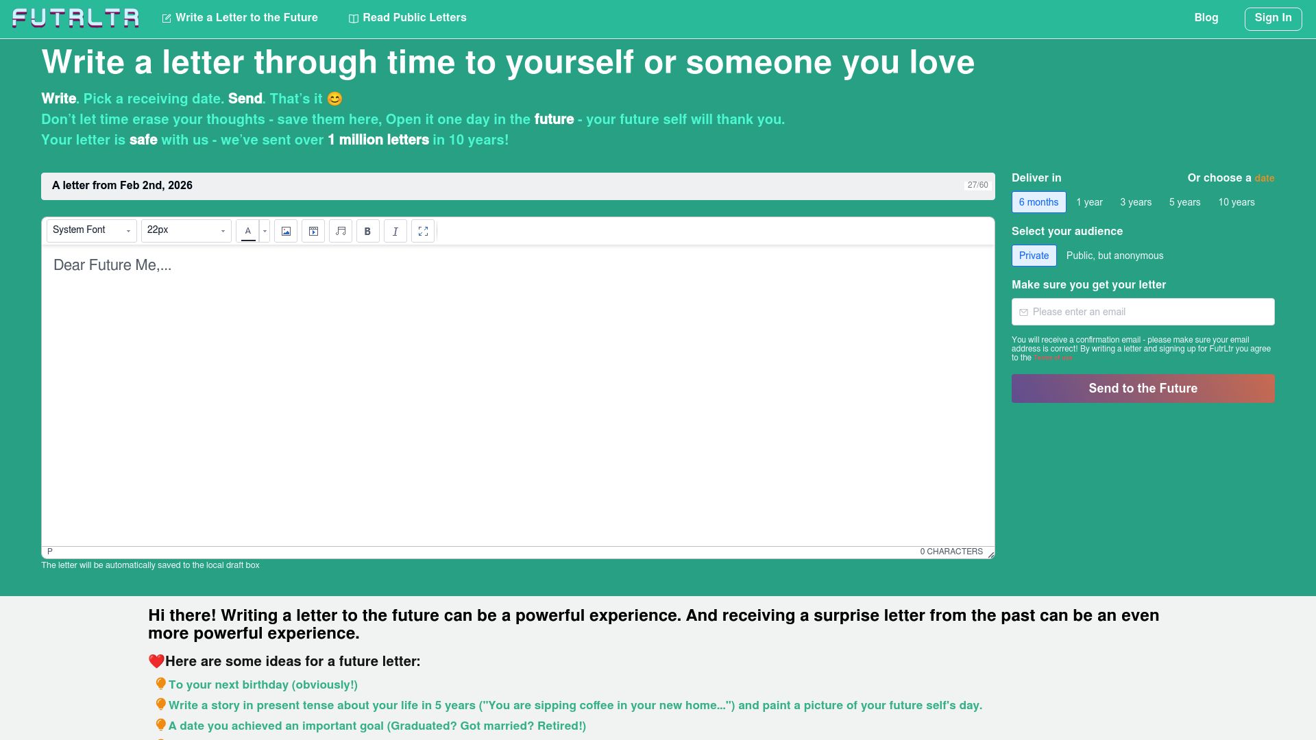 FutrLtr FutureLetter.org homepage screenshot