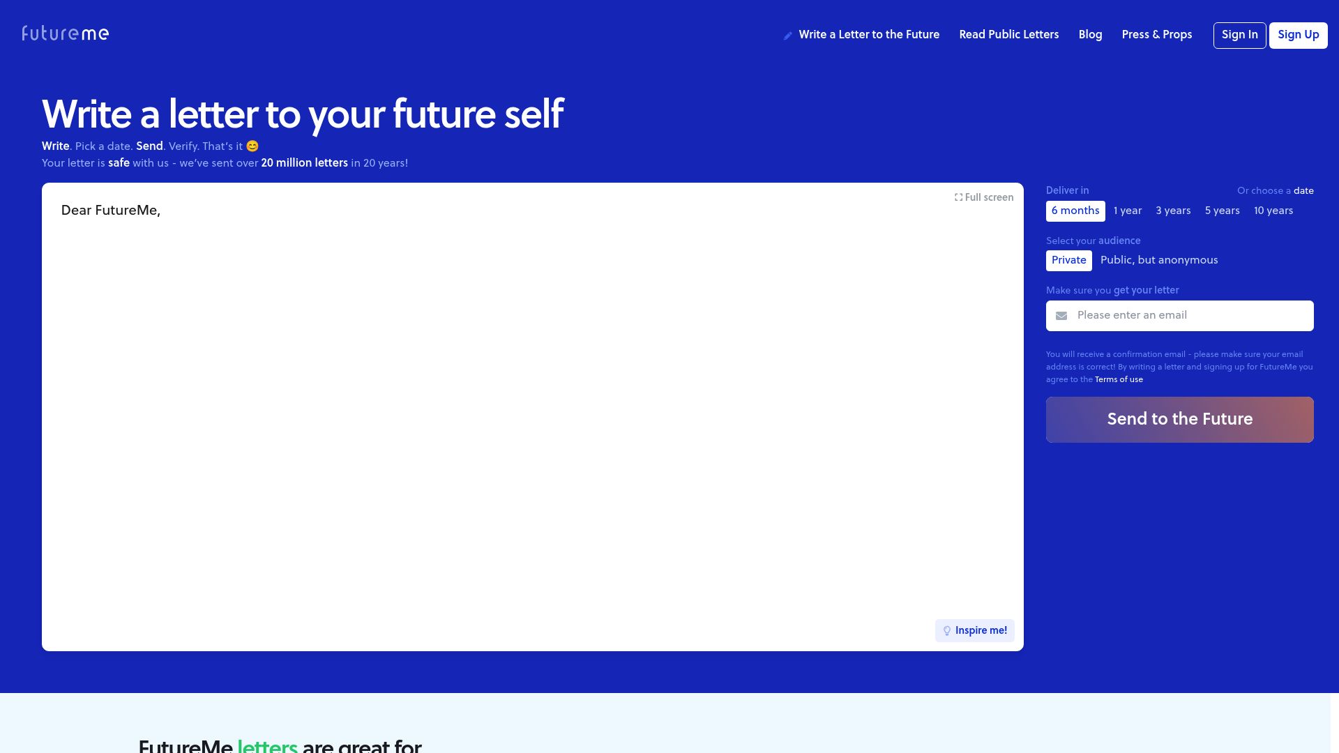 FutureMe homepage screenshot