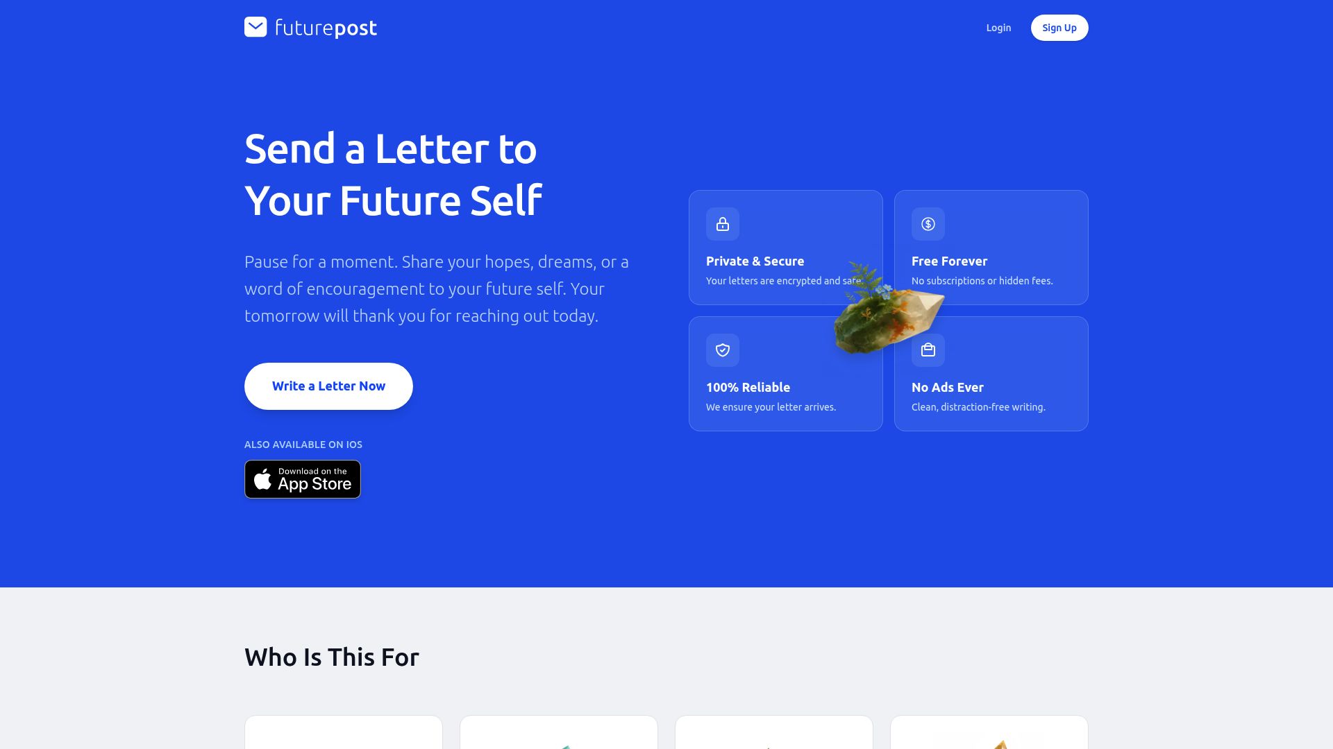 FuturePost homepage screenshot showing the free FutureMe alternative